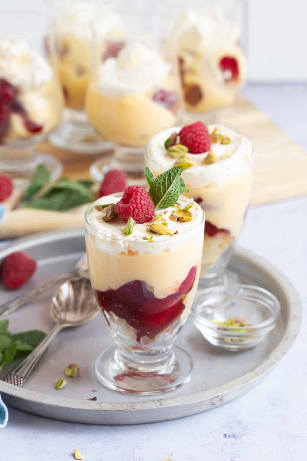 Sherry trifles on a serving platter.