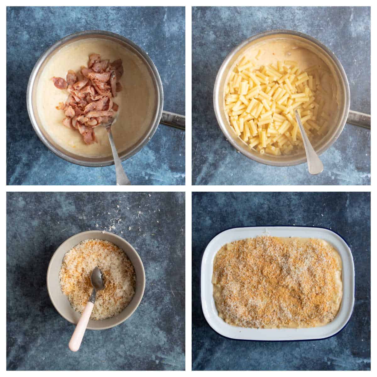 Assembling bacon macaroni cheese in a baking dish.