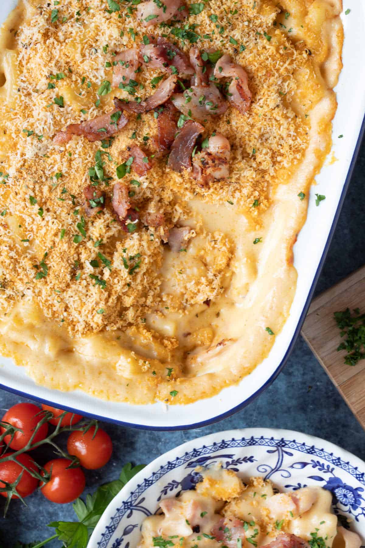 Baked mac and cheese with bacon.