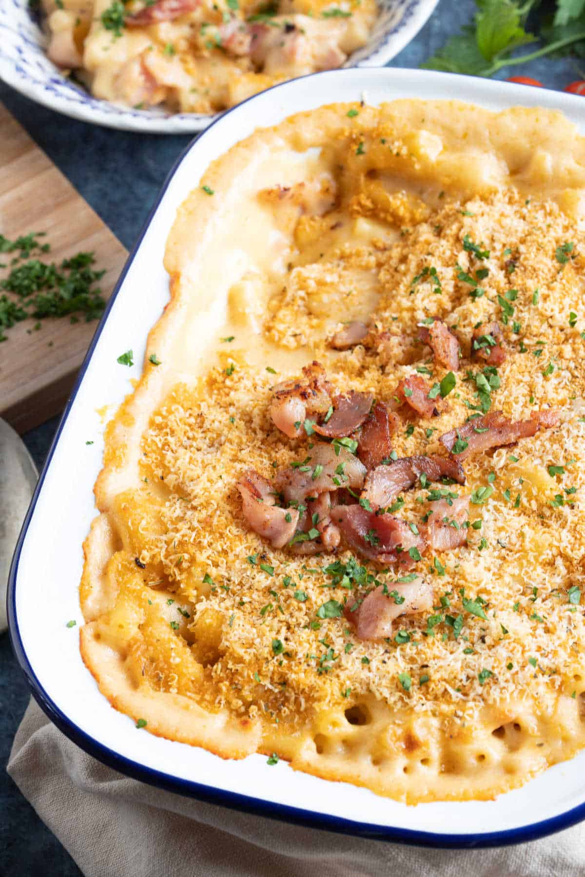 Baked mac and cheese with bacon.