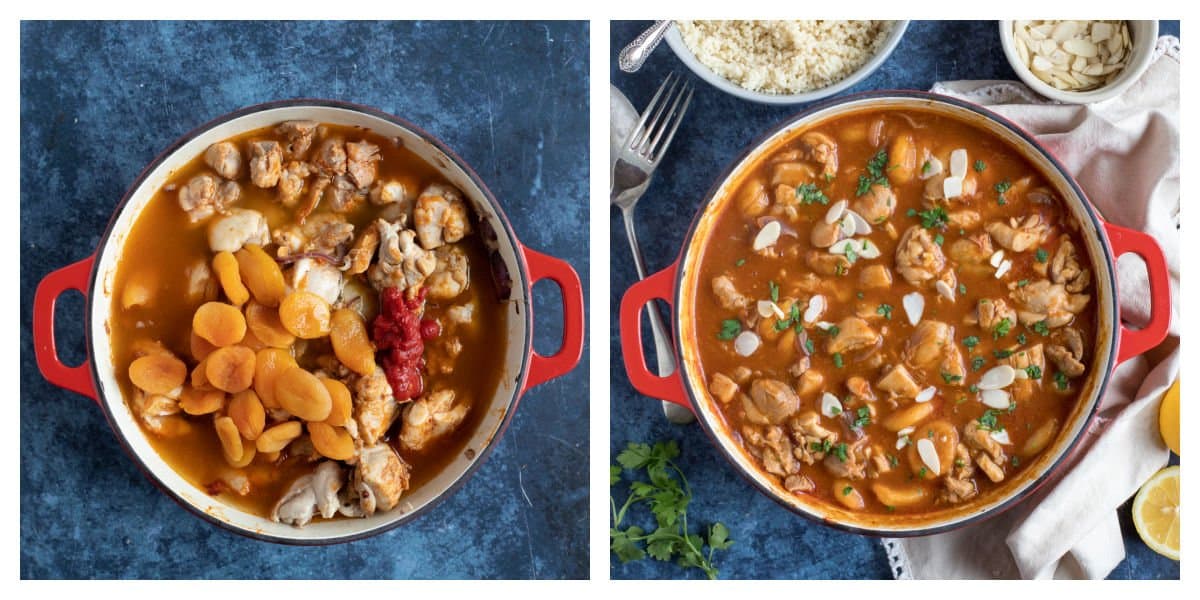 Chicken tagine with apricots in a red pan.