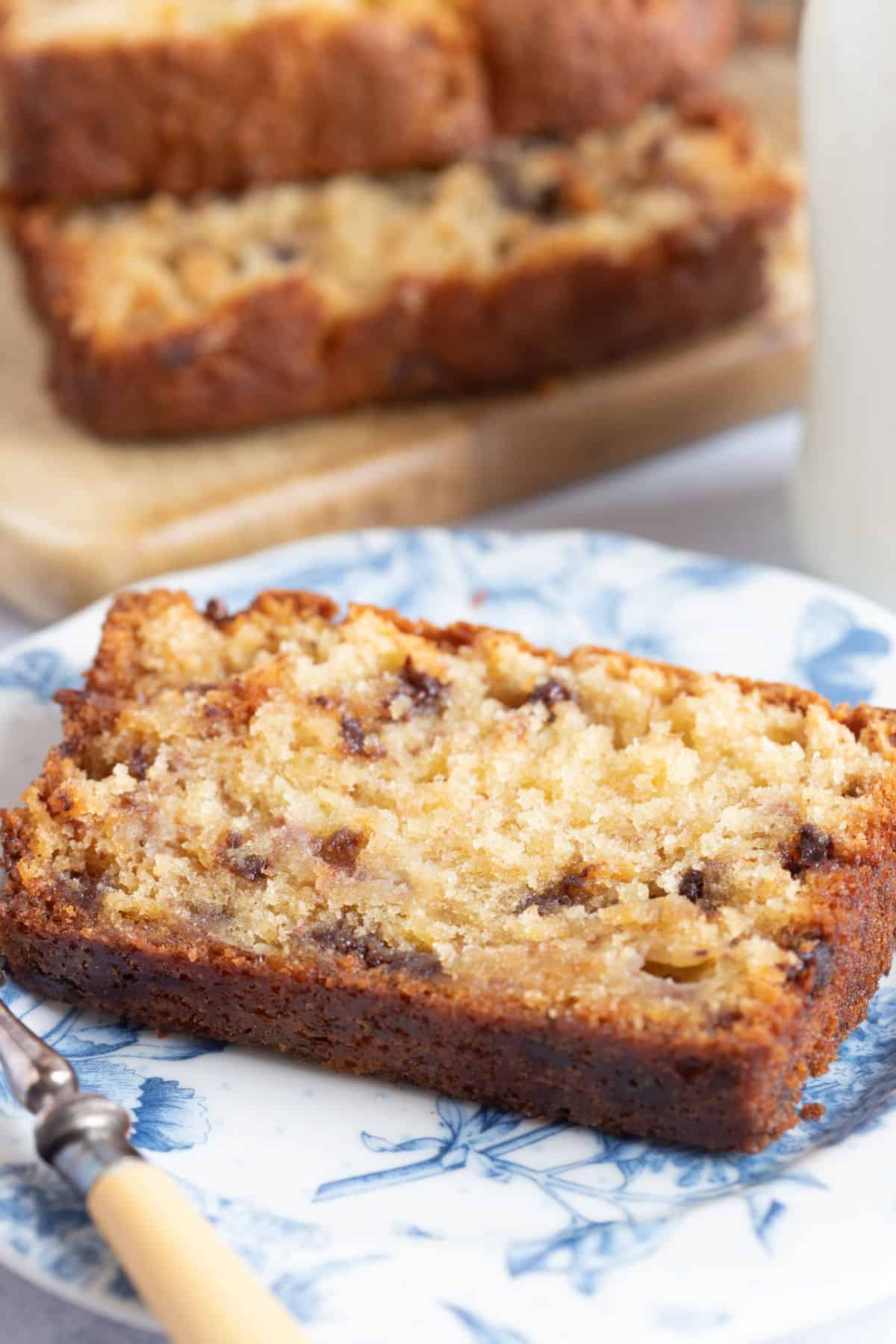 A slice of chocolate chip banana bread.