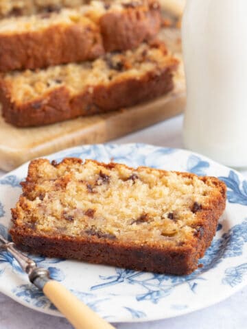 A slice of chocolate chip banana bread.