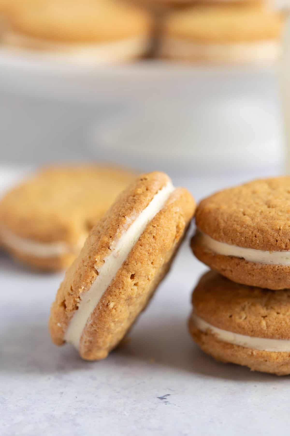 Crunchy oat sandwich biscuits with vanilla buttercream.