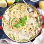 Lemon chicken pasta with basil.