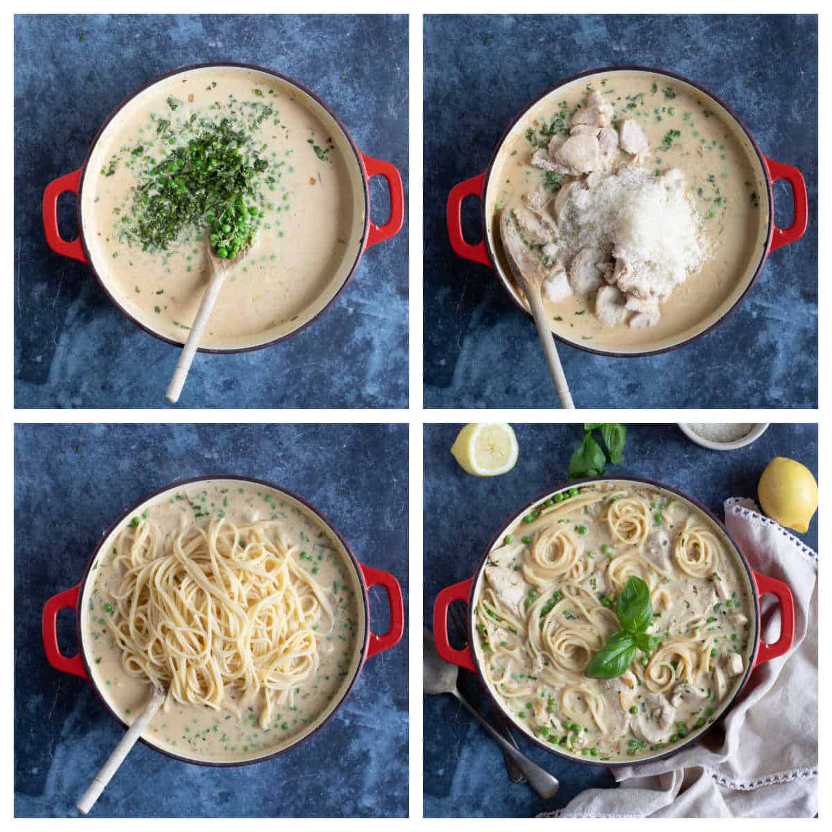 Creamy lemon chicken pasta with basil and Parmesan.