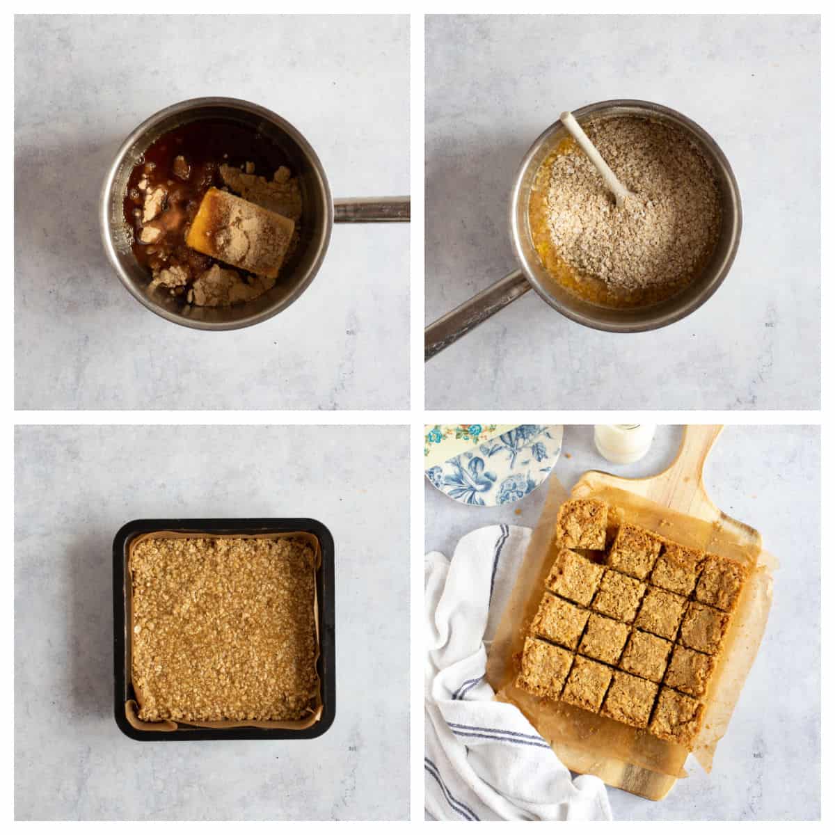 Step by step photo instructions for making maple syrup flapjacks.