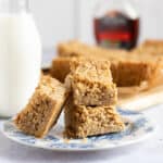 Maple syrup flapjacks on a plate.