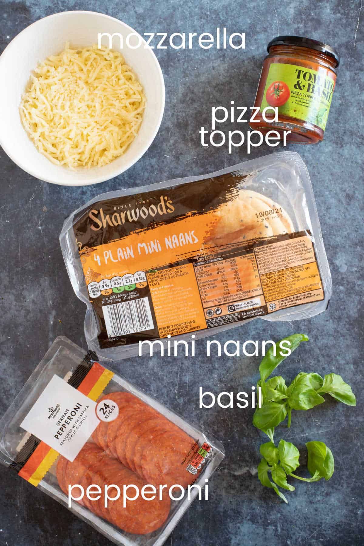 Ingredients for mini naan bread pizza recipe.
