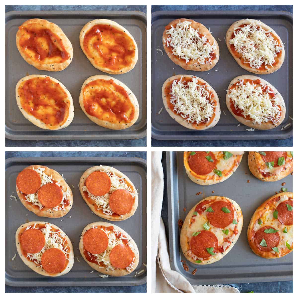 Step by step photo instructions for making mini naan bread pizzas.