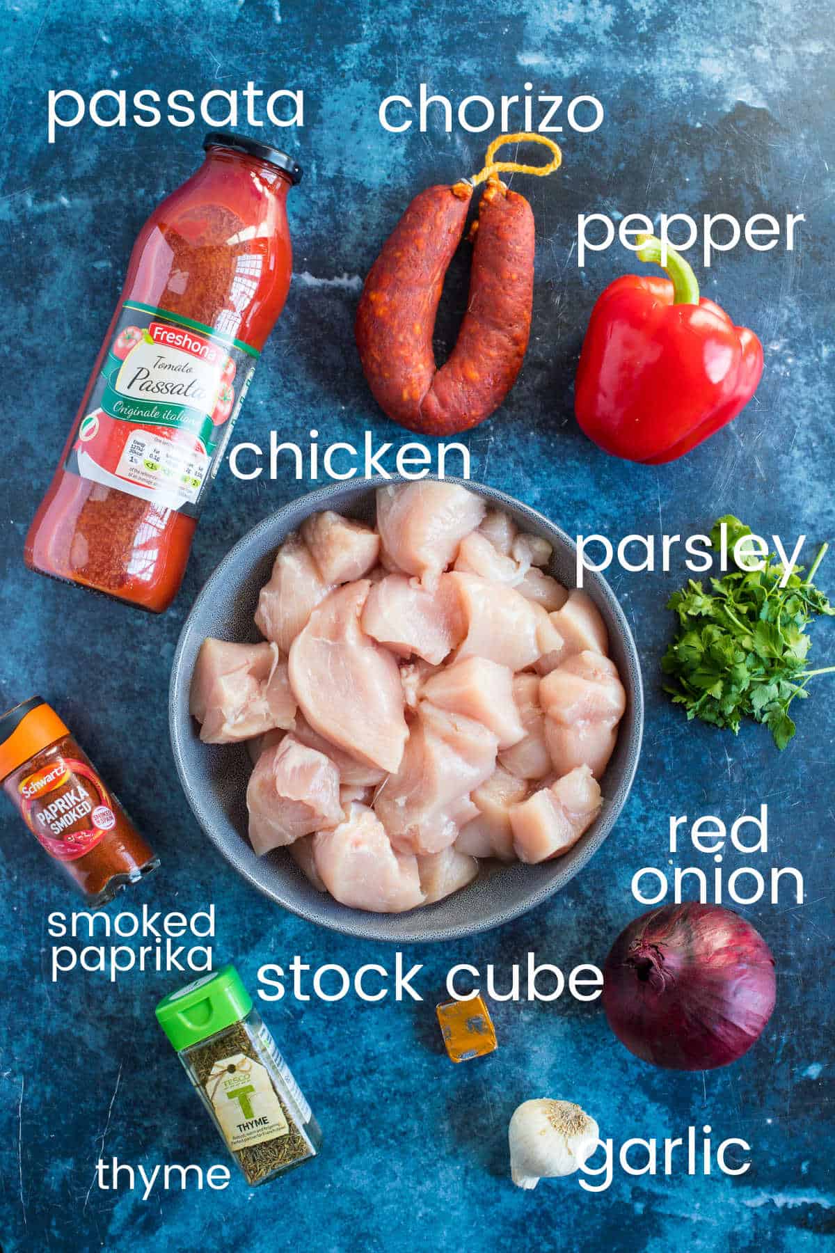 Ingredients for chicken and chorizo stew.
