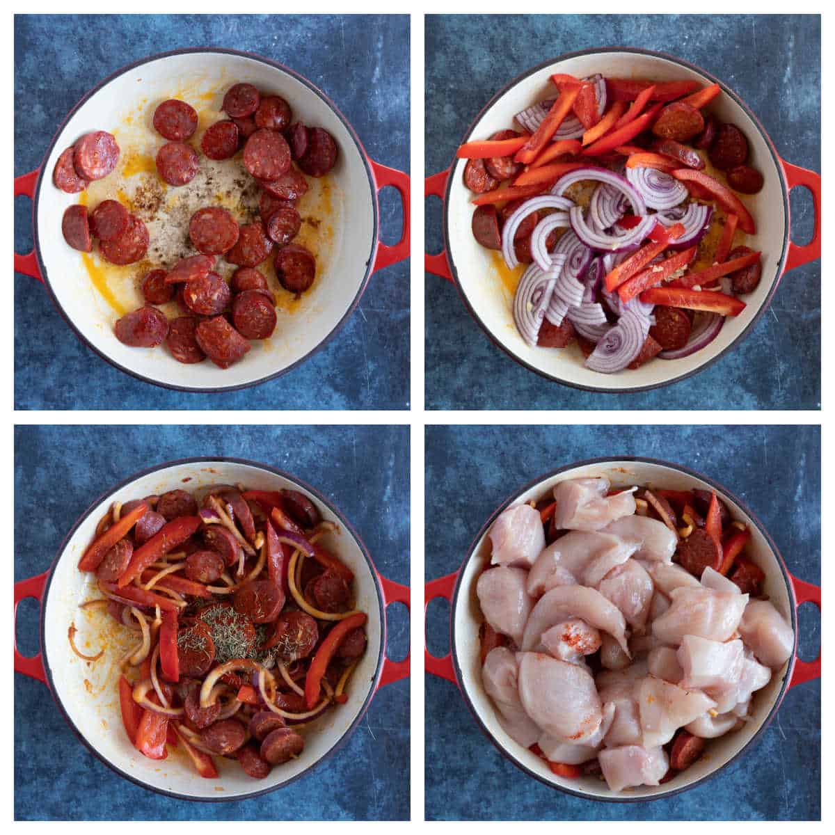 Step by step photo instructions for making chicken and chorizo stew.
