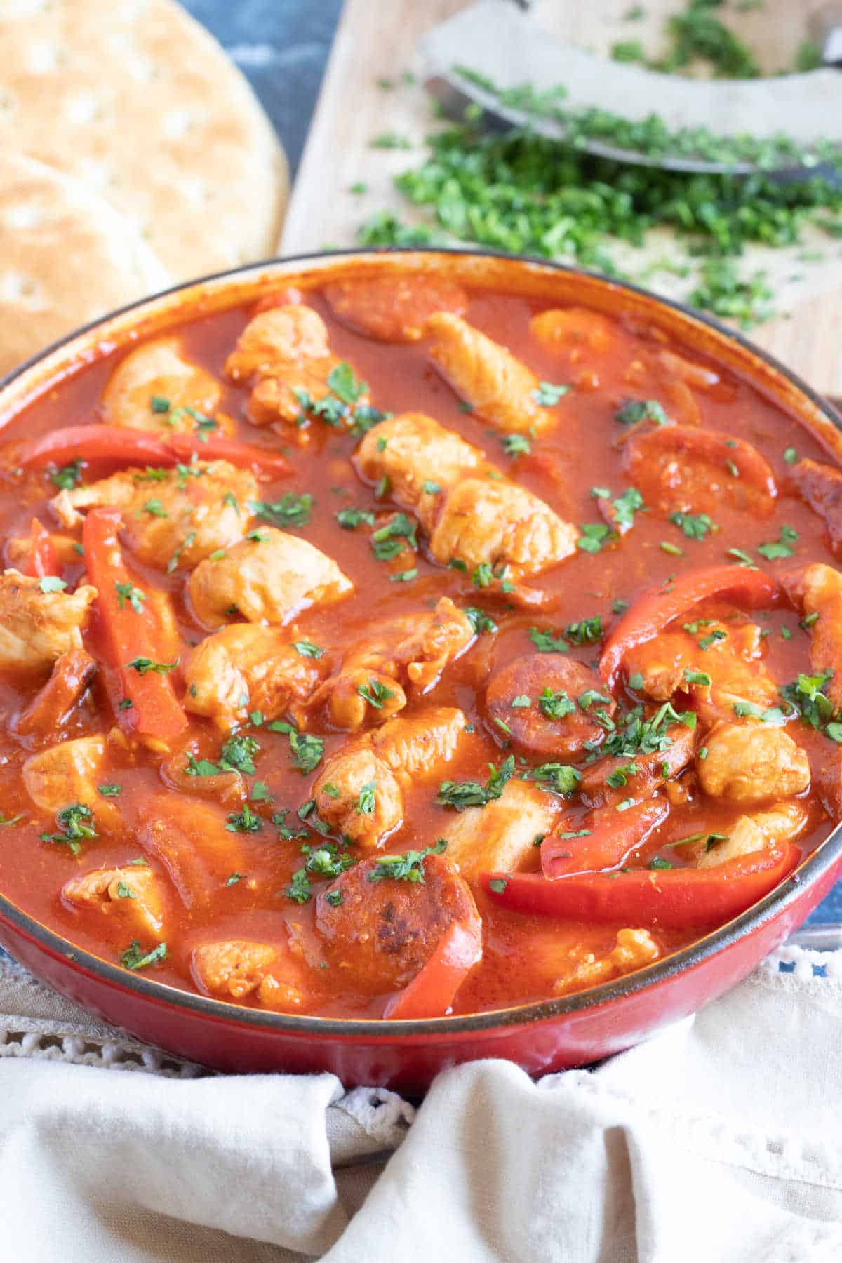 Chicken and chorizo stew with peppers.
