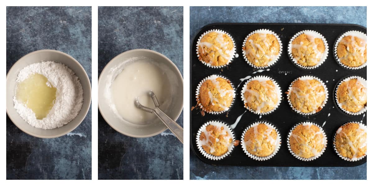 Carrot cake muffins with a lime drizzle icing.
