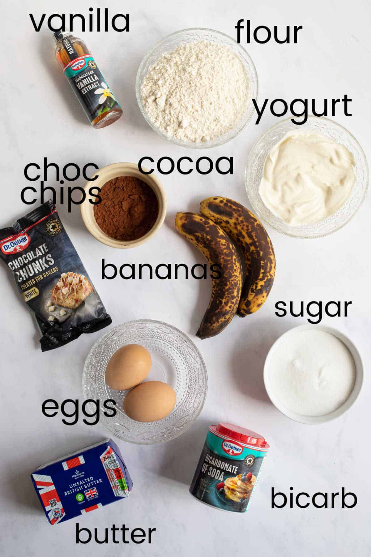 Ingredients for chocolate and banana muffins.