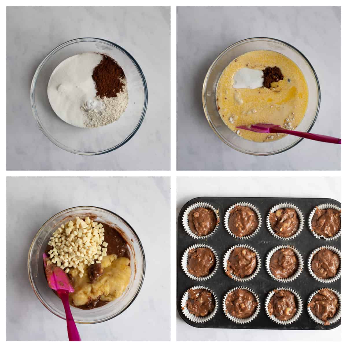 Step by step photo instructions for making chocolate banana muffins.