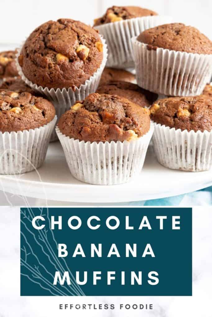 Chocolate banana muffins pin image.