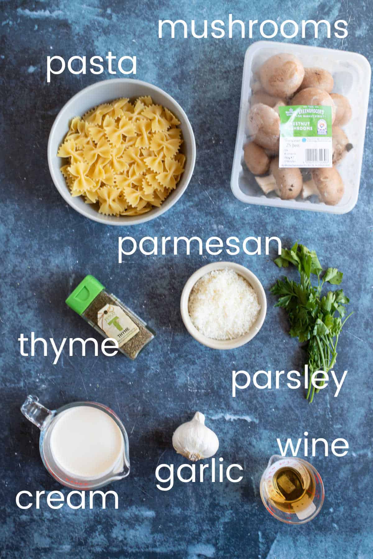 Ingredients for creamy garlic mushroom pasta recipe.