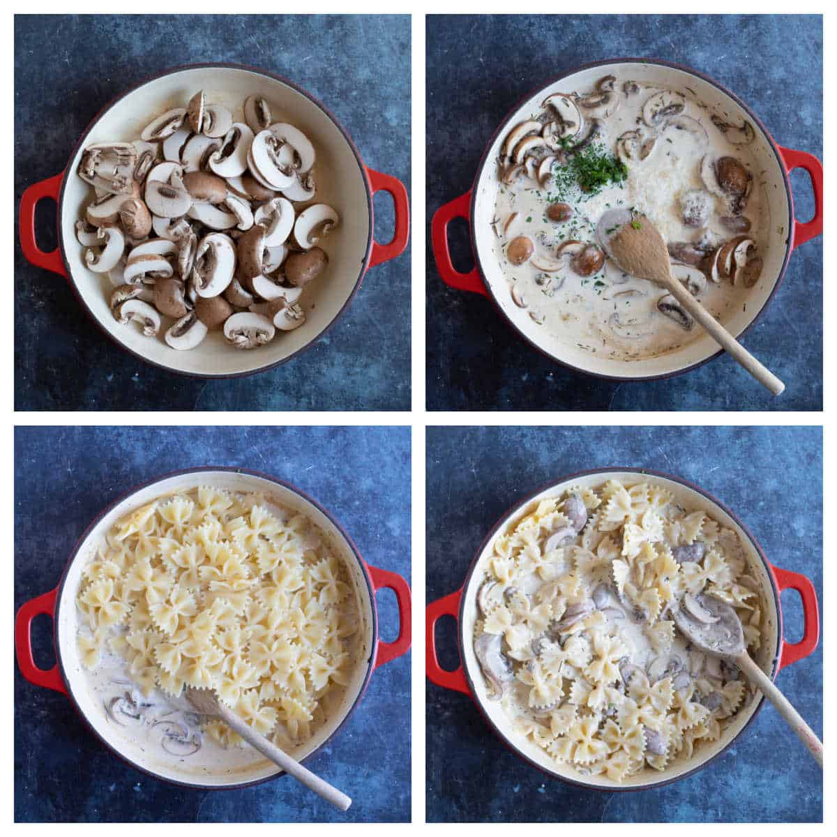 Step by step photo instructions for making garlic mushroom pasta.