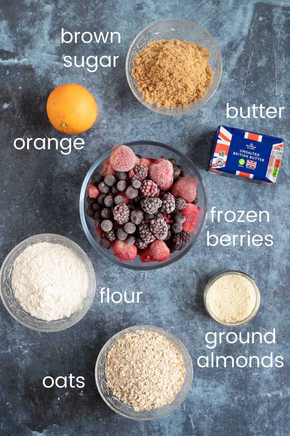 Ingredients for frozen mixed berry crumble.