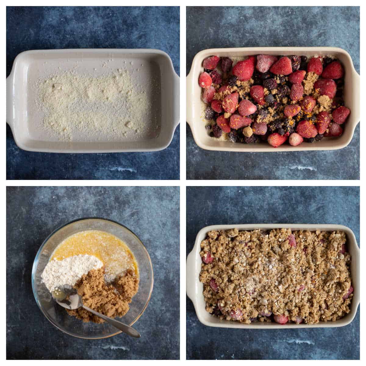 Assembling the mixed berry crumble in a pie dish.