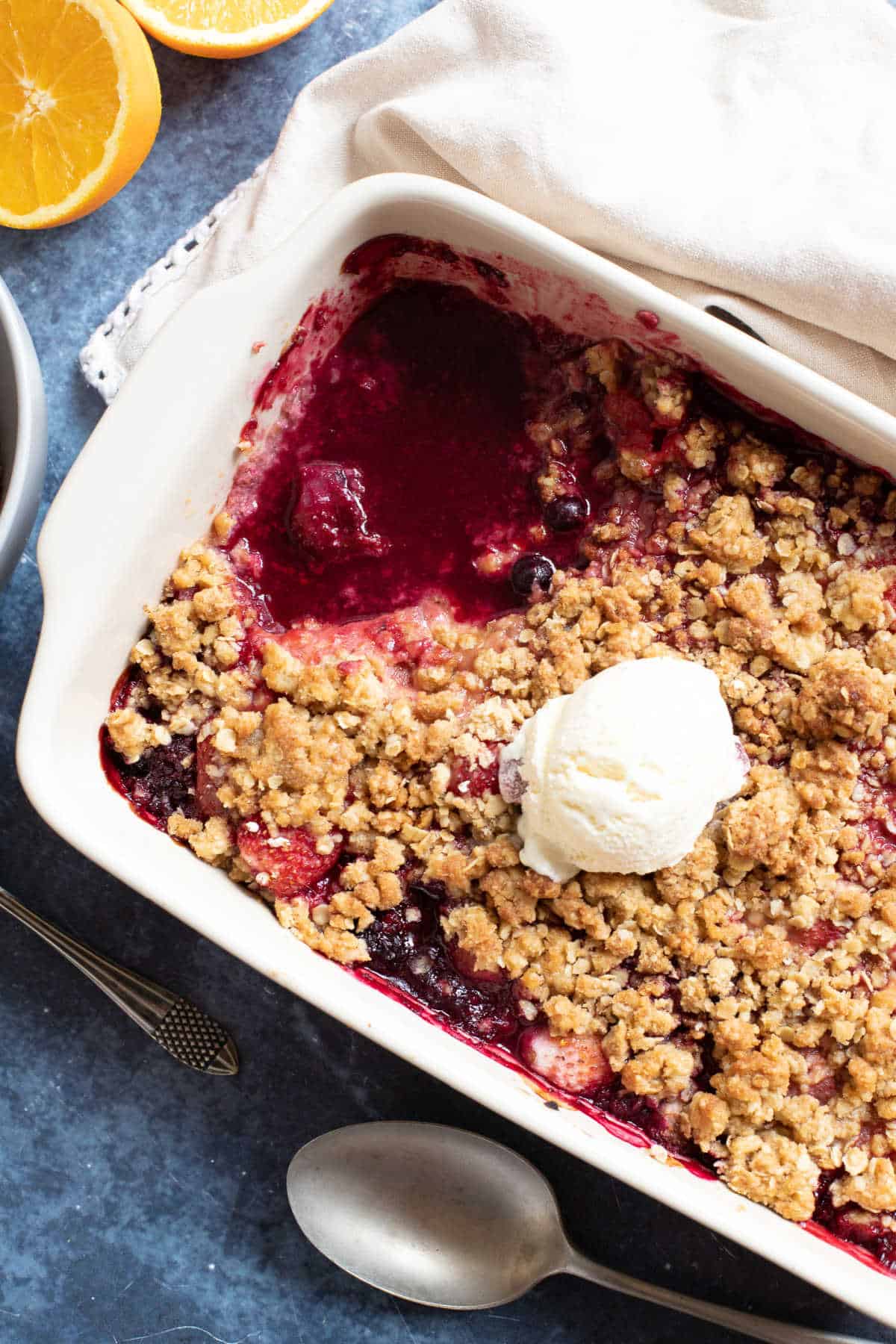Mixed berry crumble with an oat crumble topping.