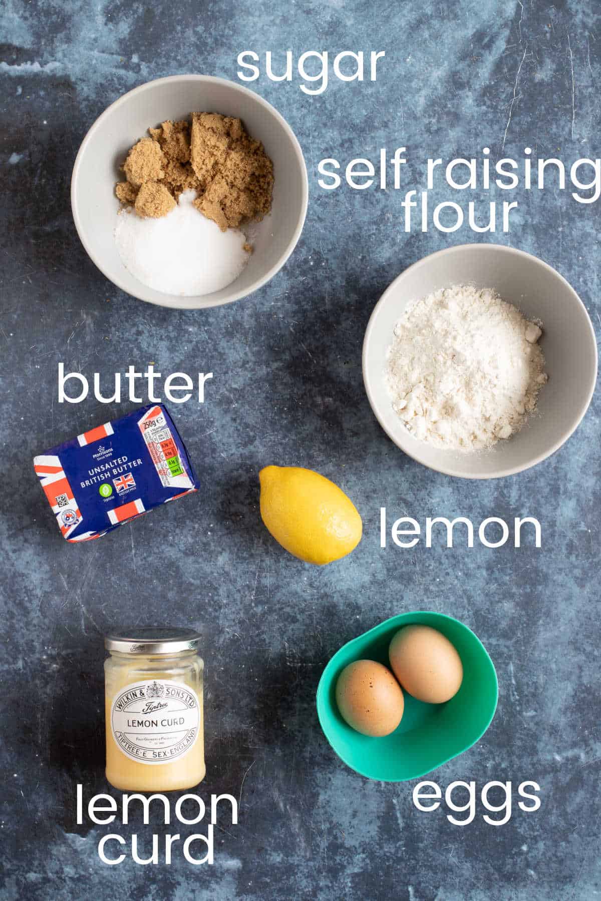 Ingredients for microwave lemon curd pudding.