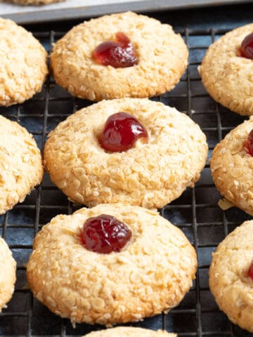Melting moments biscuits on a baking tray.