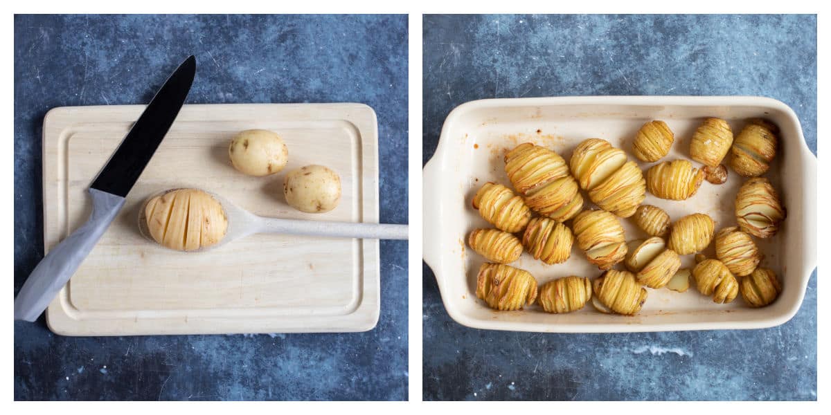 Cutting potatoes on a wooden spoon to make hasselback potatoes.