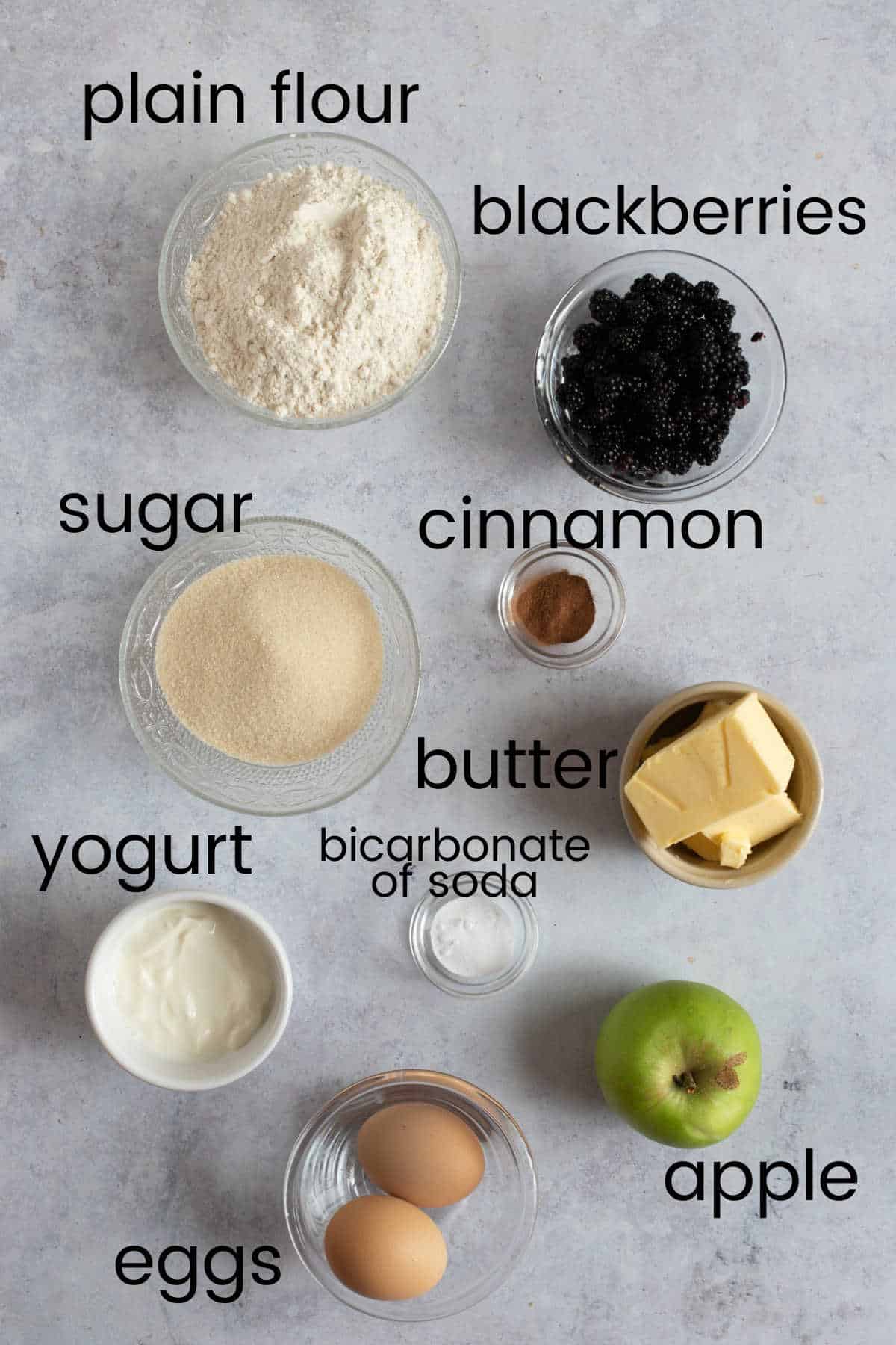 Ingredients for apple and blackberry muffins.