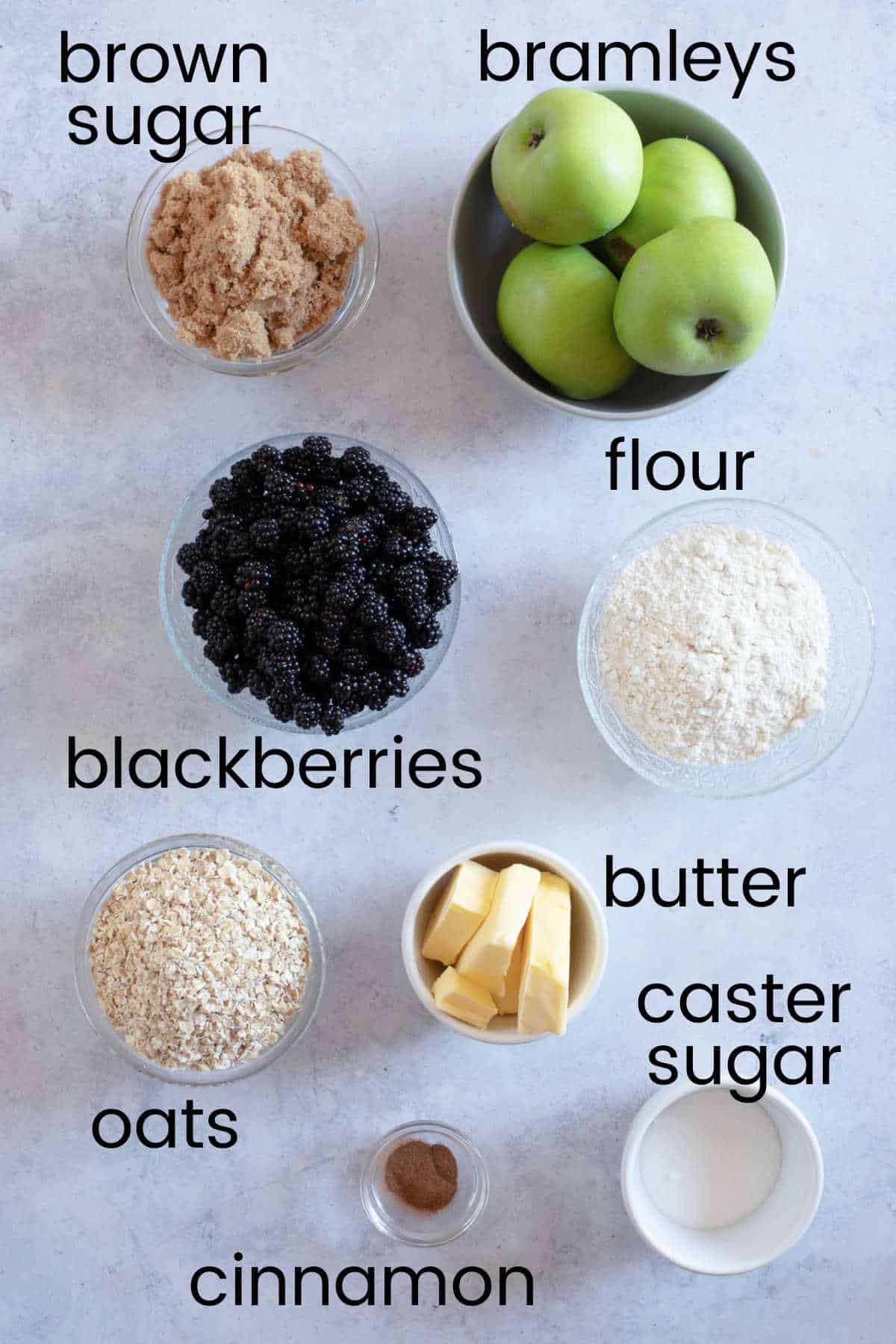 Ingredients for apple and blackberry crumble.