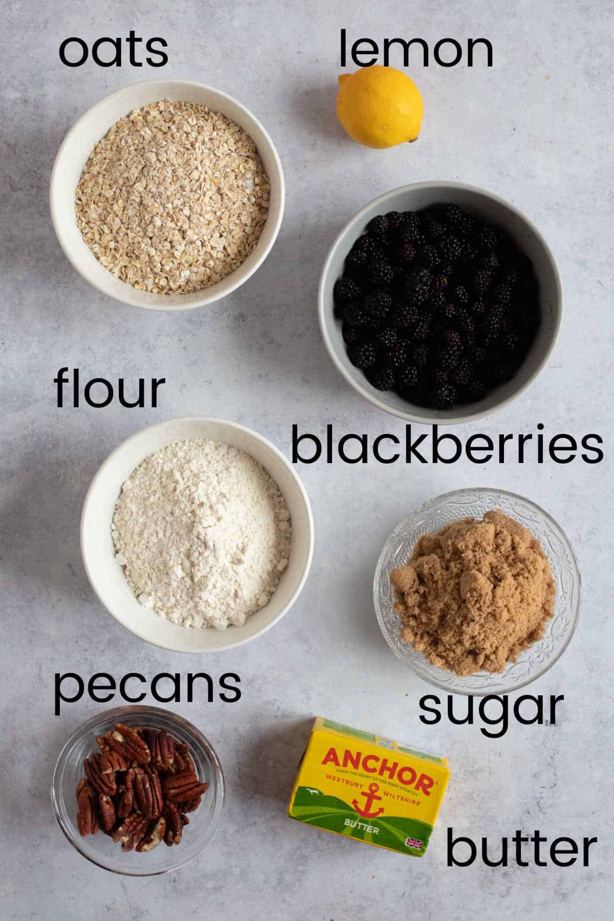 Ingredients for blackberry crumble bars.