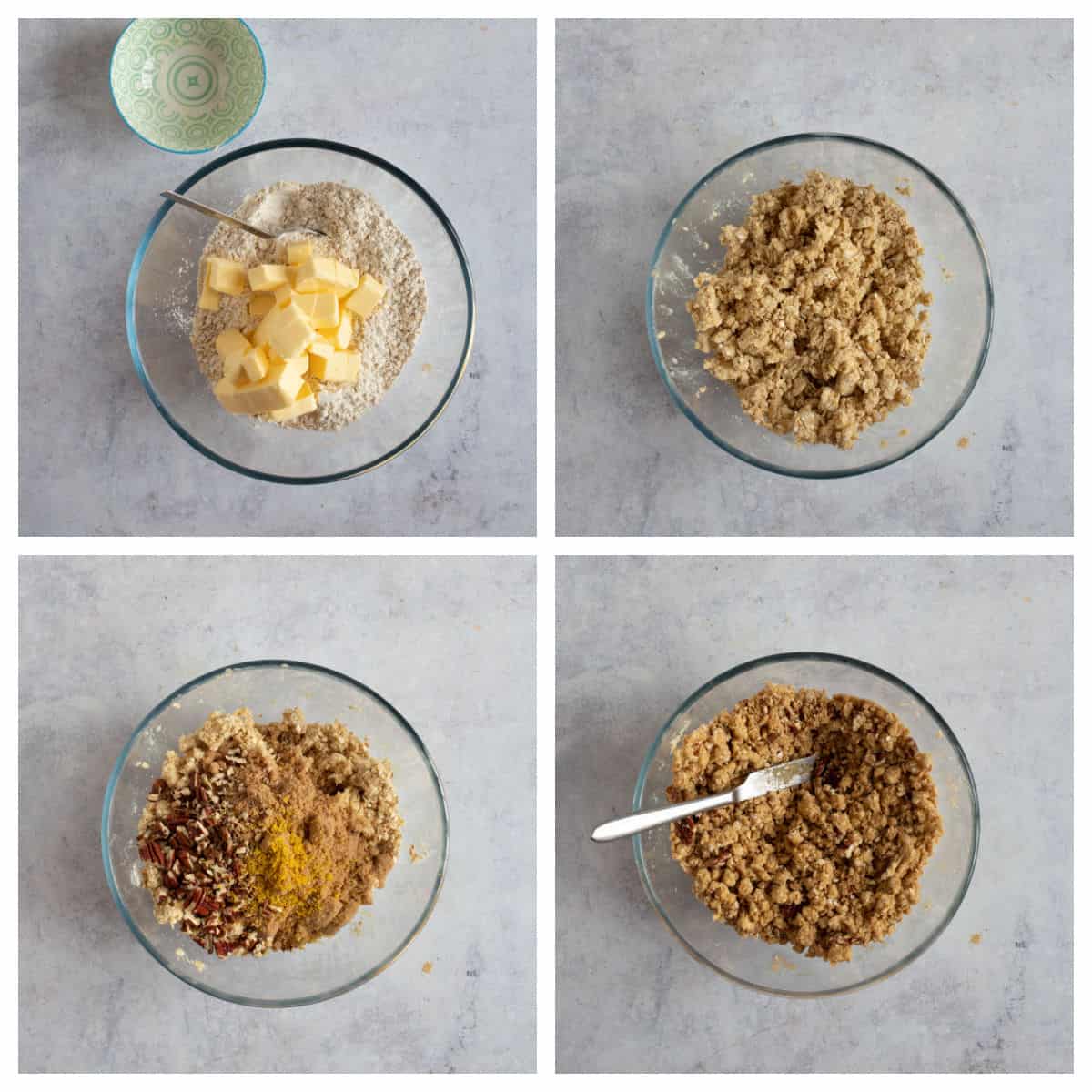 Step by step photo instructions for making crumble topping using the rubbing in method.