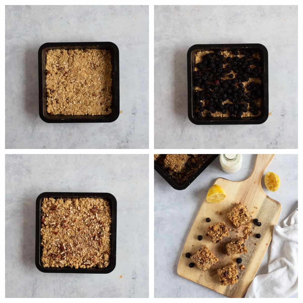 Assembling blackberry crumble bars in a 20 cm baking tin.