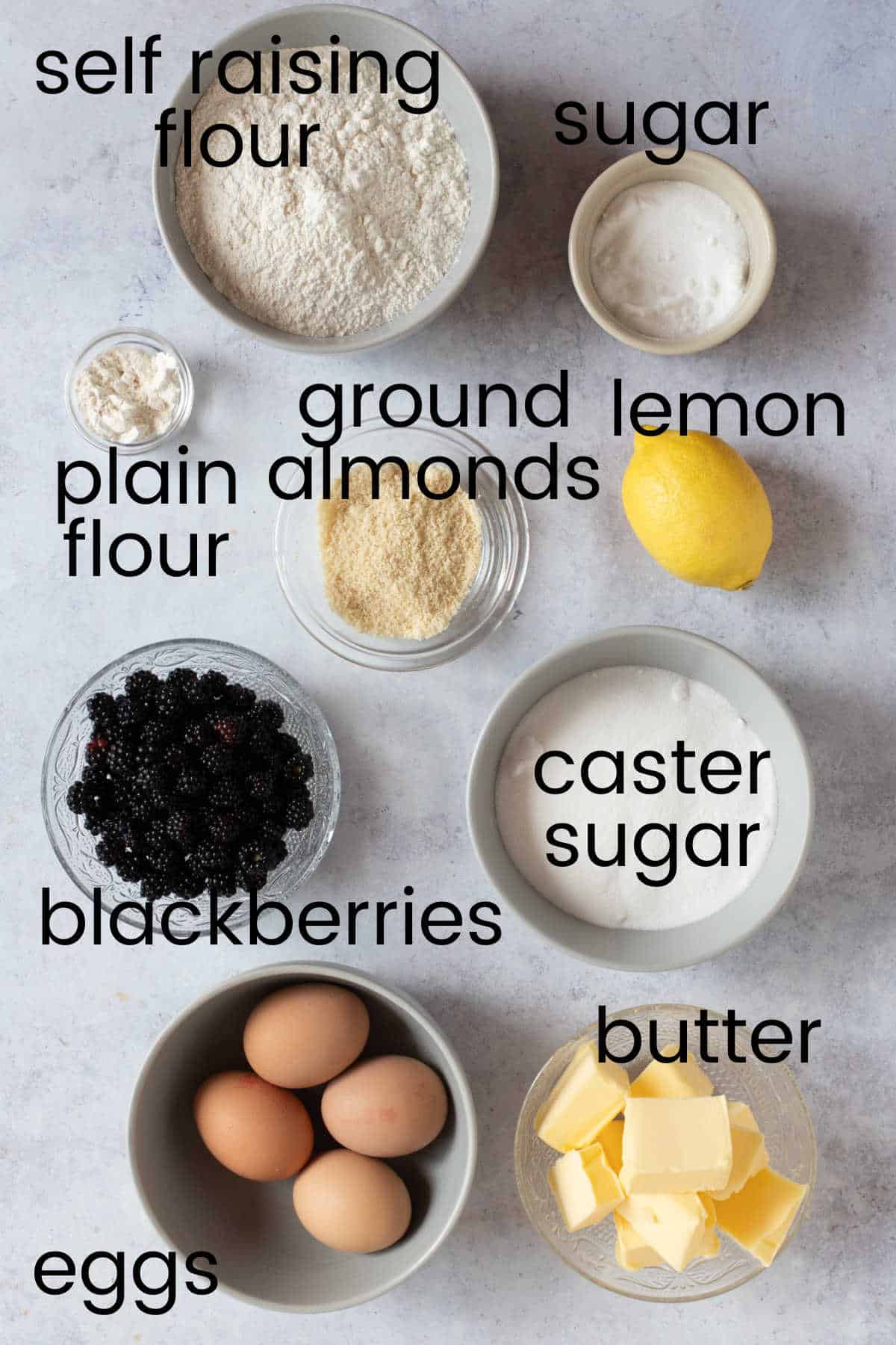 Ingredients for blackberry loaf cake.