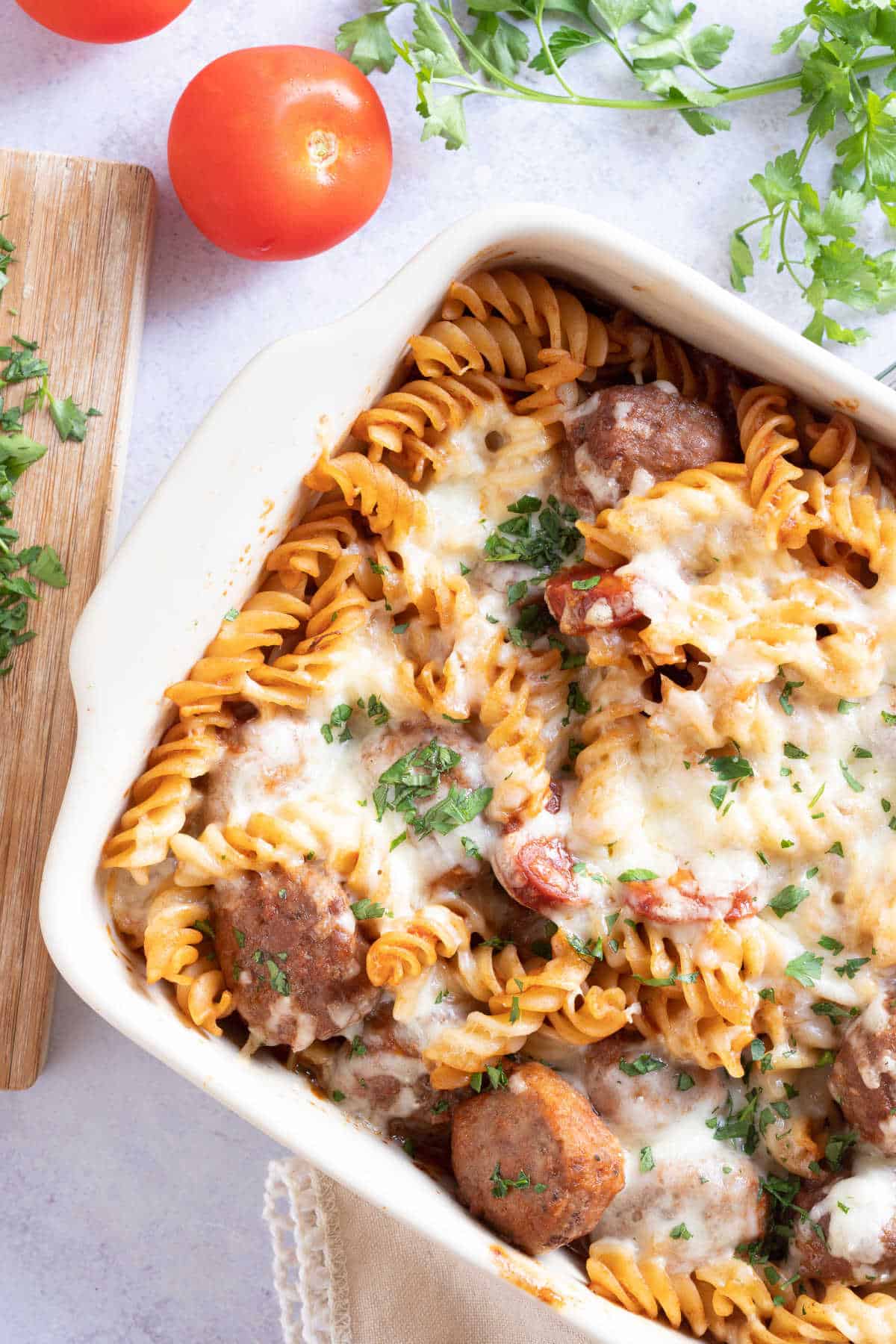 Cheesy meatball pasta bake with chorizo.