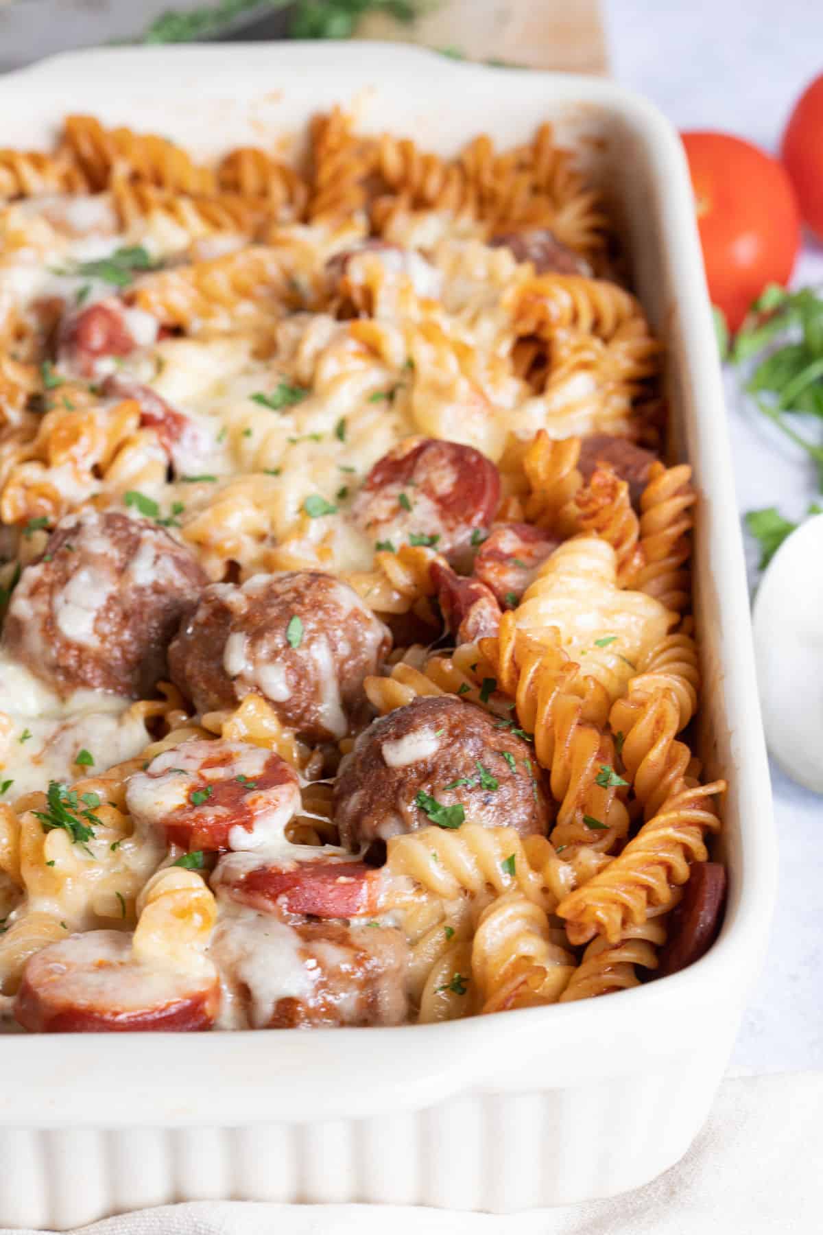 Meatball pasta bake in a baking dish.