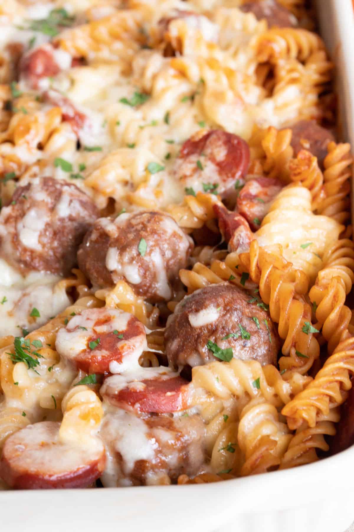 Chorizo and meatball pasta bake.