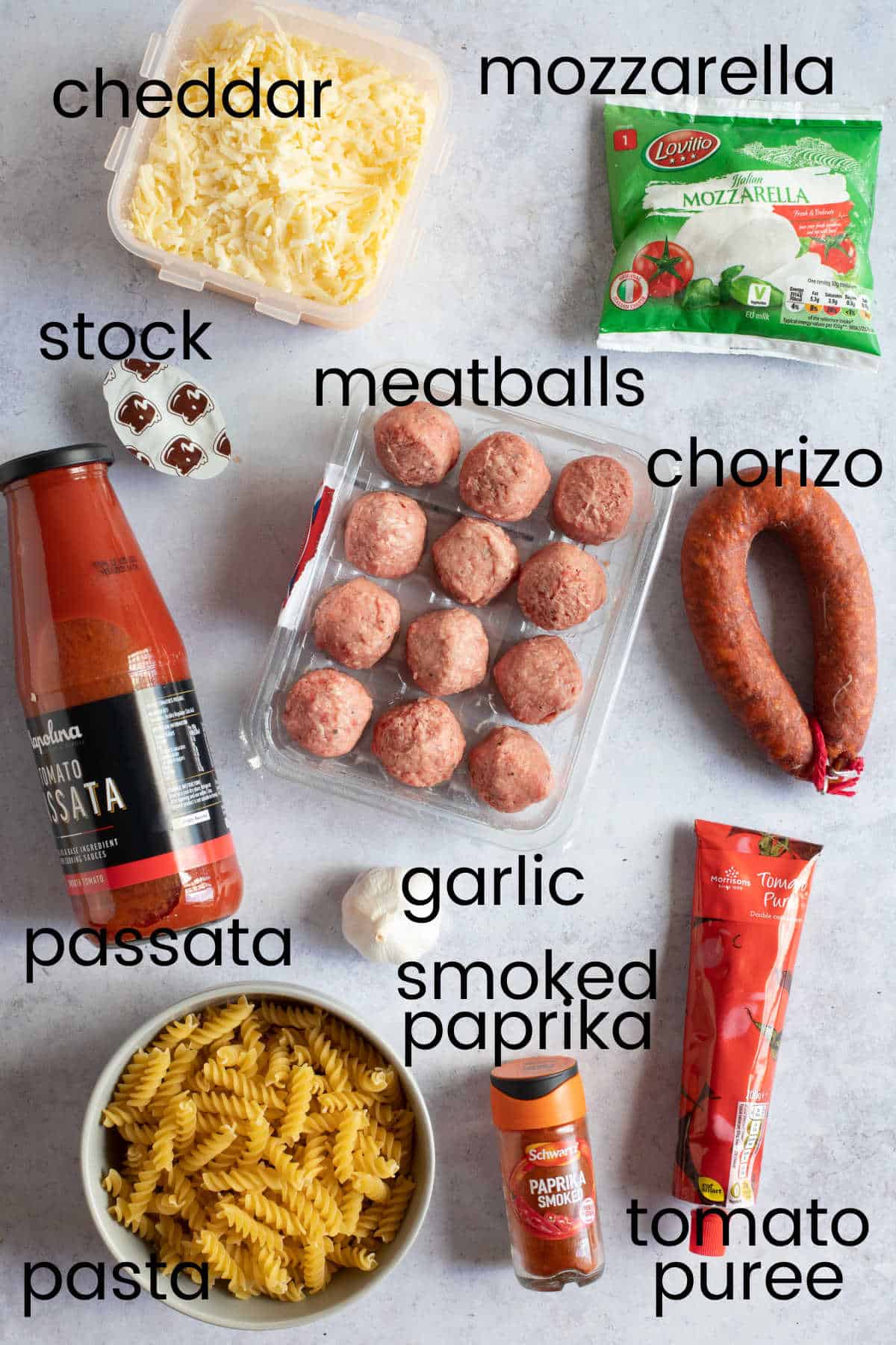 Ingredients for smoky meatball pasta bake.