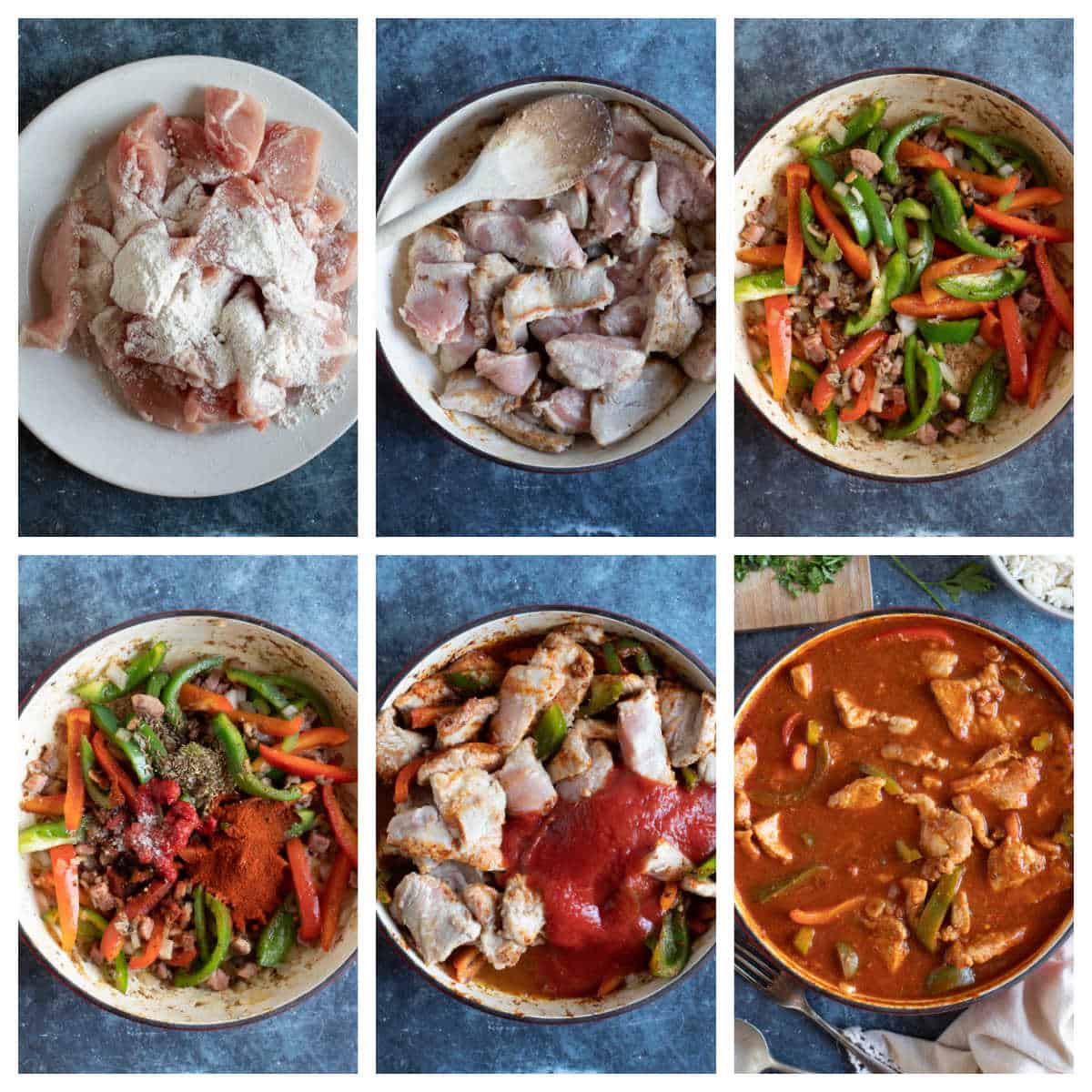 Step-by-step photo instructions collage for making pork goulash.