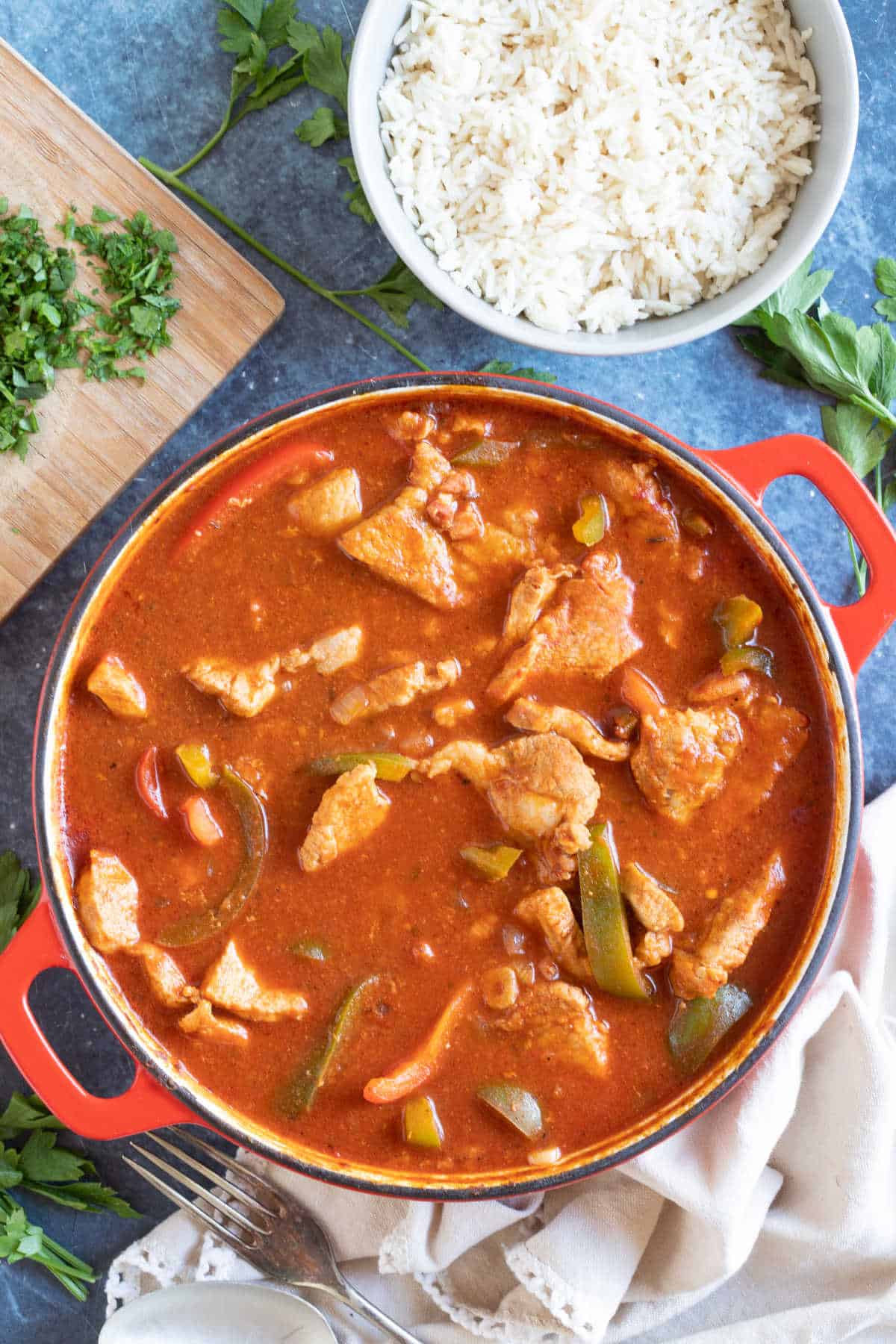 Pork goulash with a side of rice.