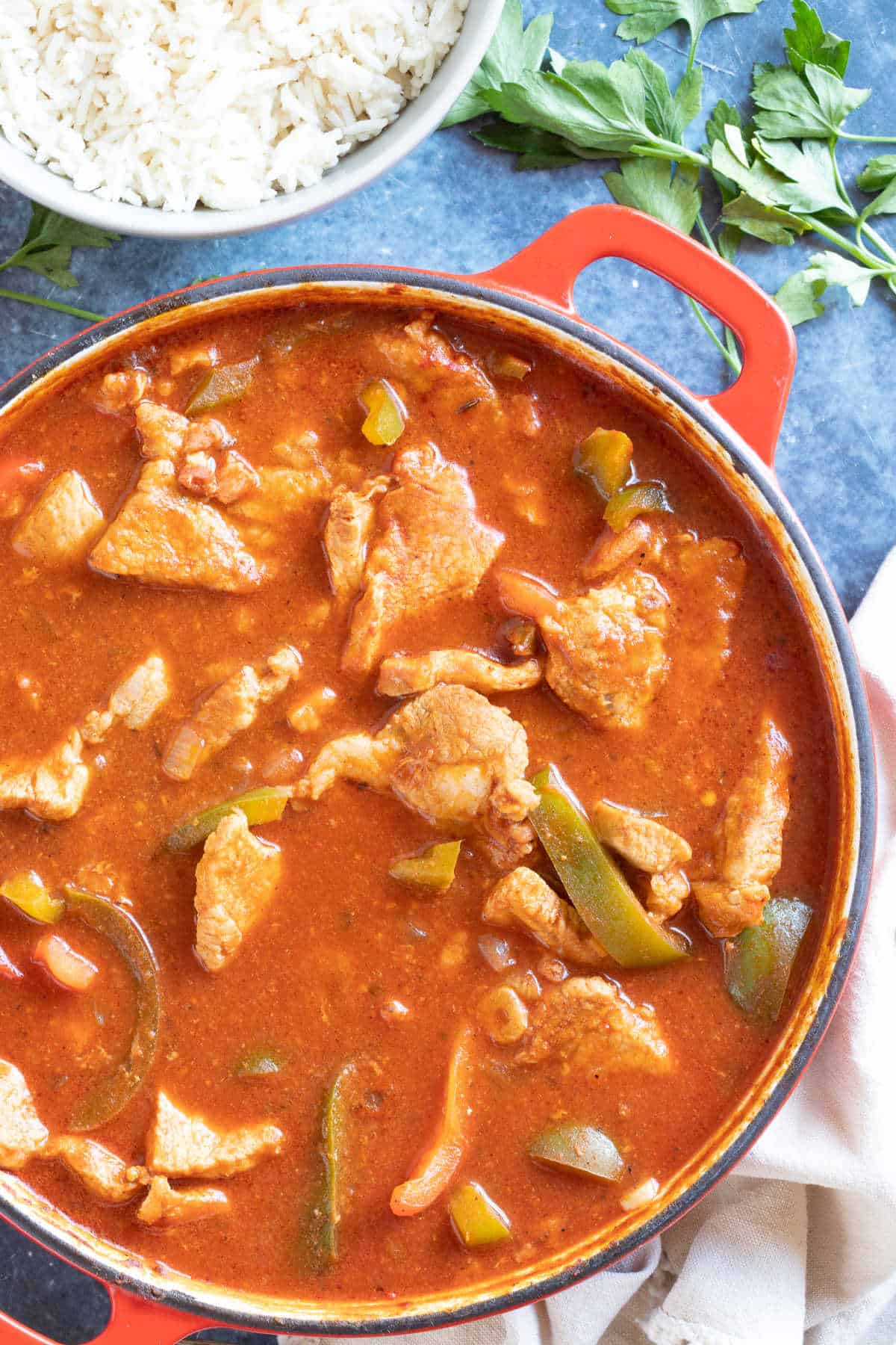 A pan of pork and pepper goulash.