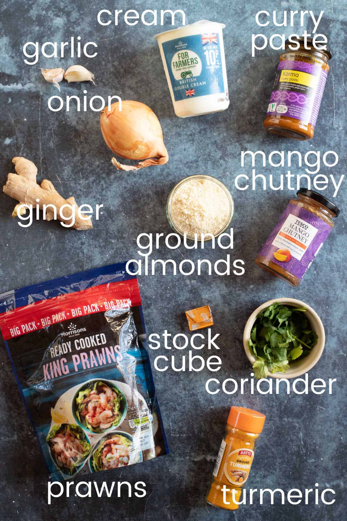 Ingredients for prawn korma curry.