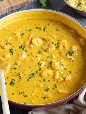 Prawn korma curry in a red pan.