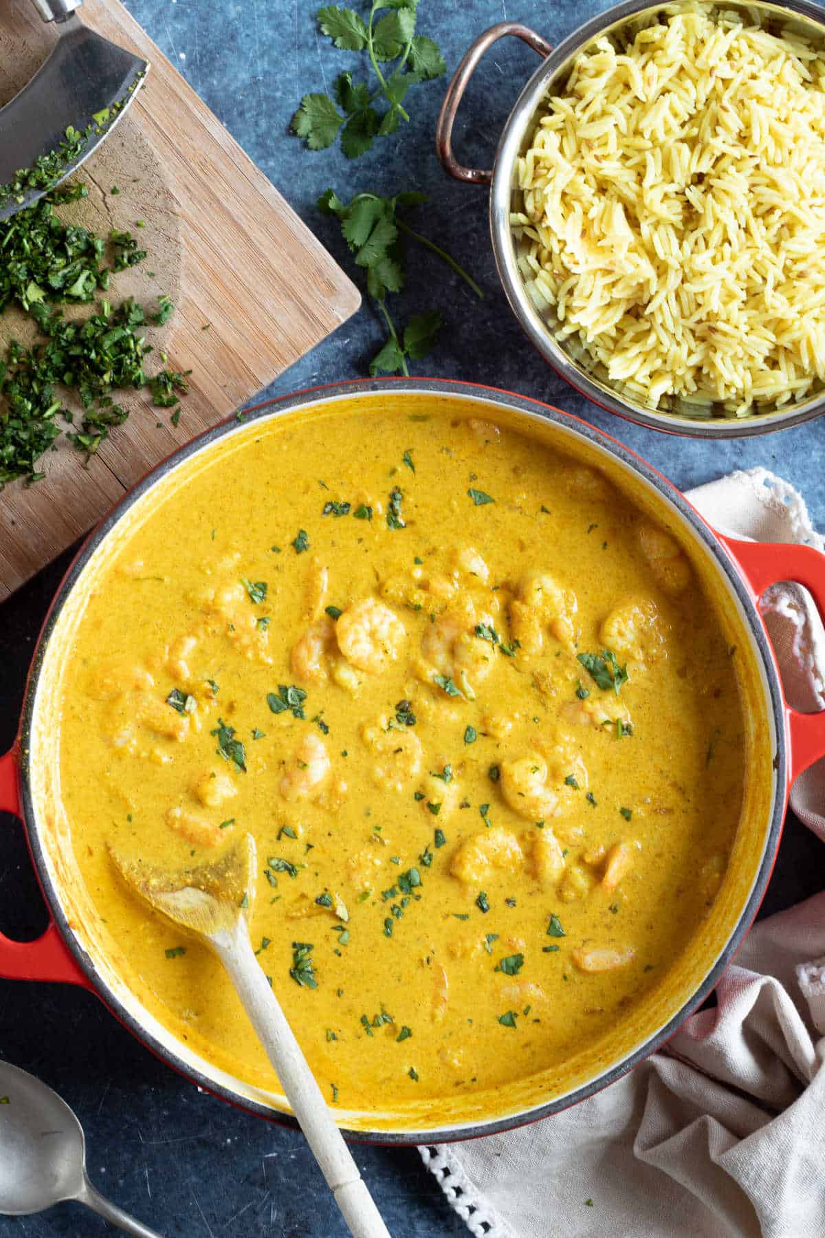 Prawn curry with pilau ruce.