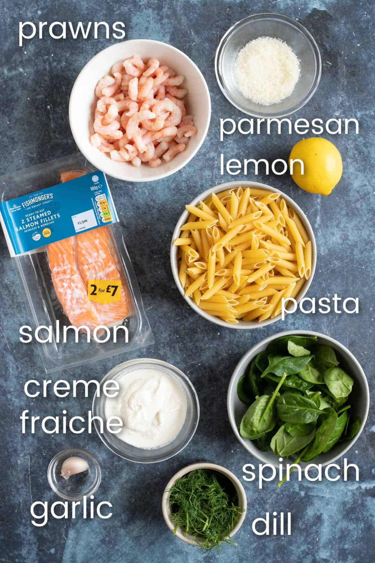 Ingredients for salmon and prawn pasta recipe.