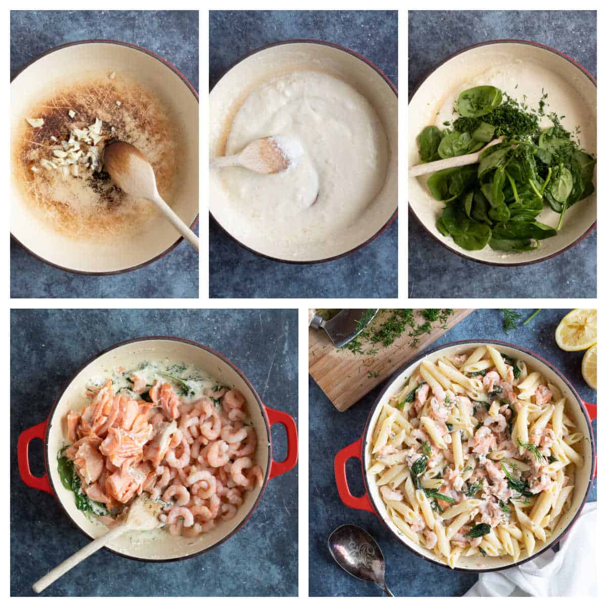 Step by step photo instructions for making creamy prawn and salmon pasta.