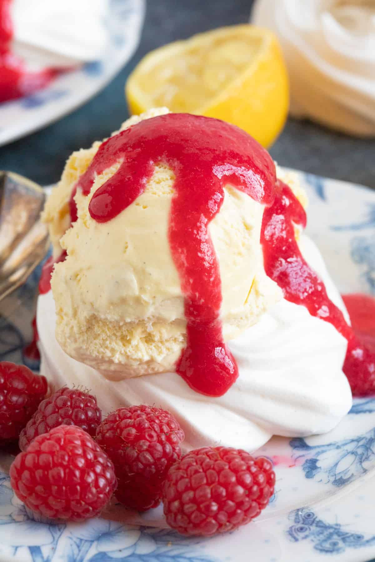 Fresh raspberry sauce with ice cream.