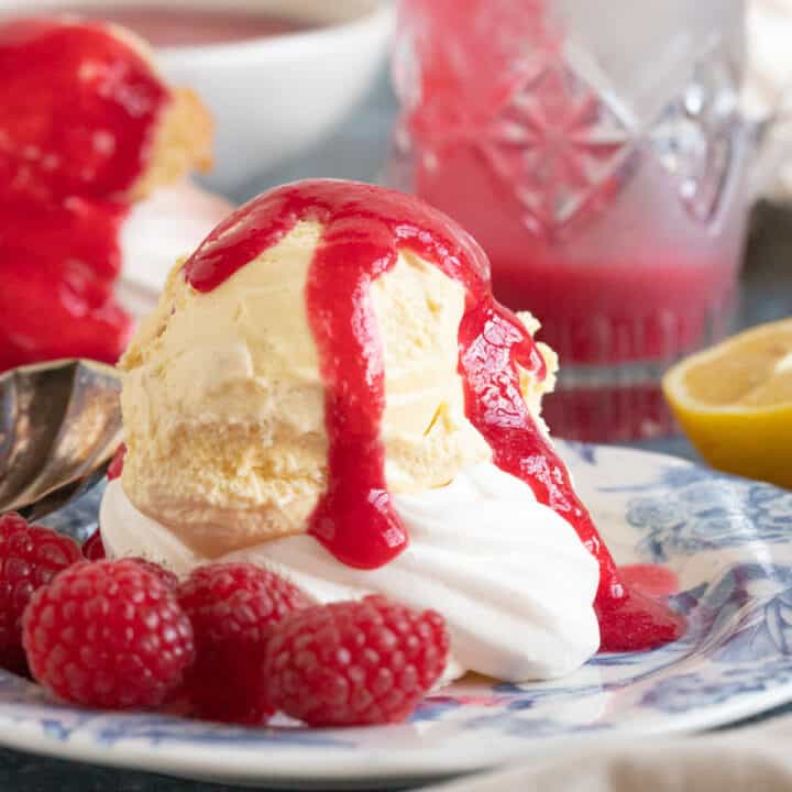 Raspberry coulis drizzled over vanilla ice cream.