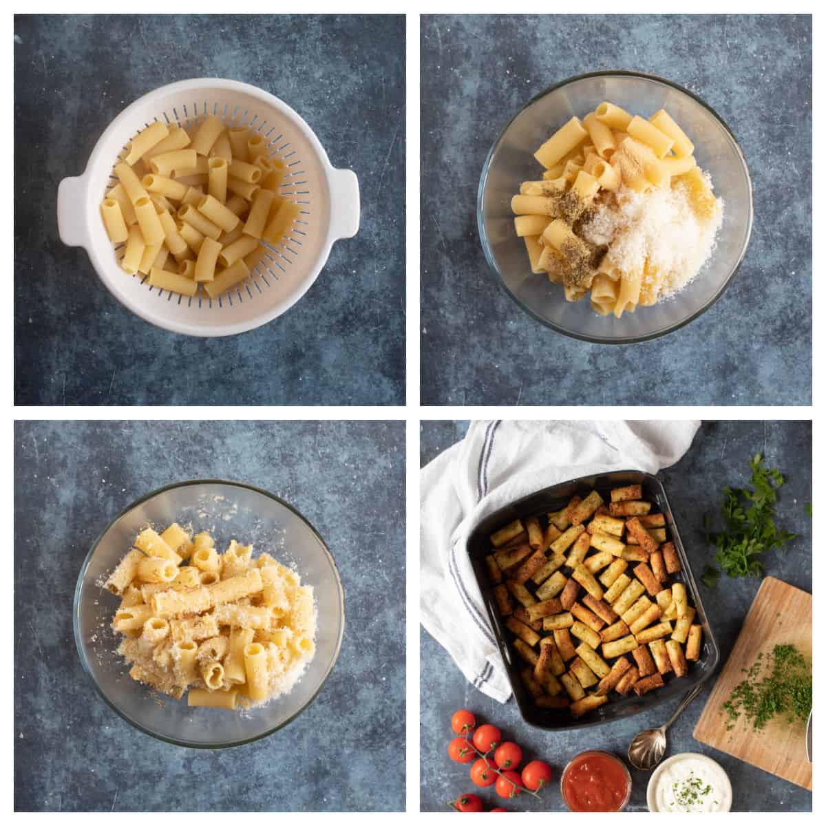 Step by step photo instructions for making air fryer pasta chips.